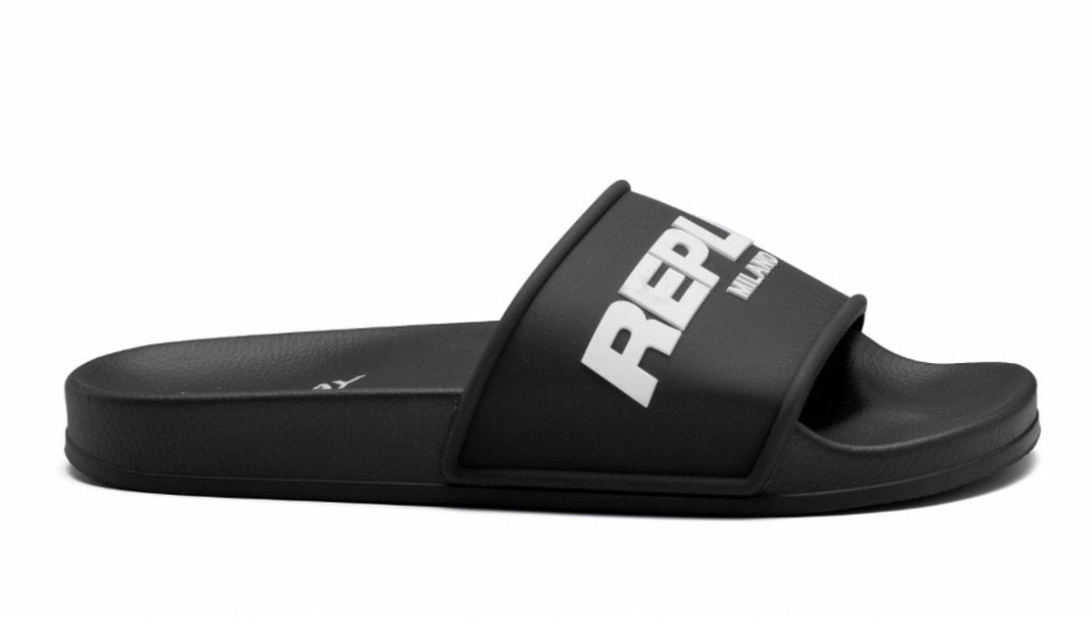 Replay Up Emboss men's black and white sandals with embossed detailing, casual slip-on style for comfortable summer wear.