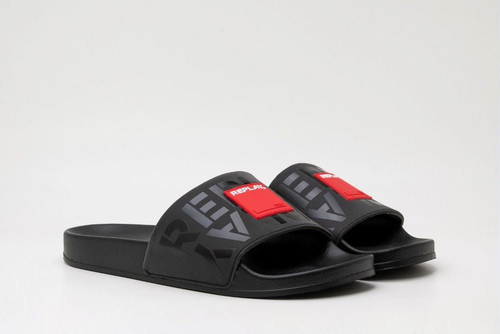 Replay Up Label black and red men's sandals with adjustable straps and branded detailing, ideal for casual summer wear.