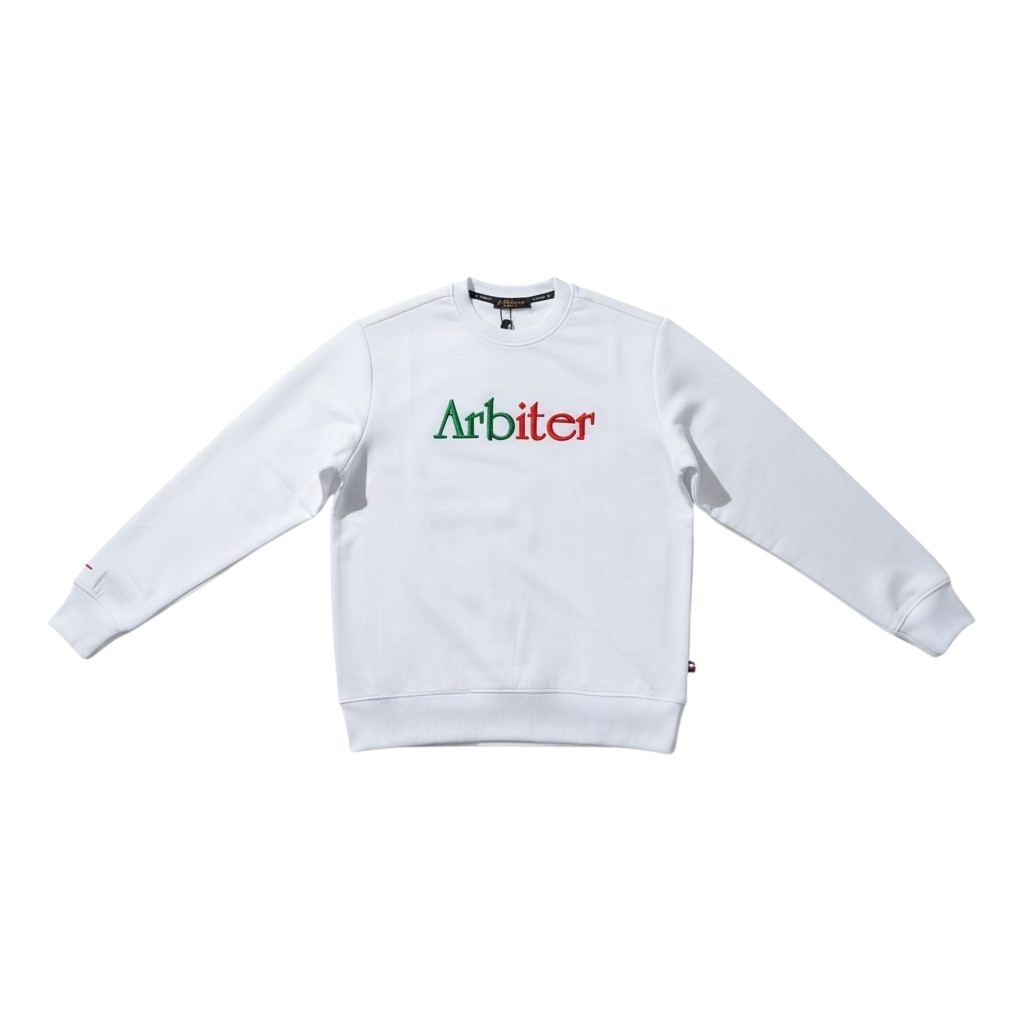 Arbiter men's white Volanti sweater, soft knit fabric, with crew neckline and long sleeves, displayed on a hanger.