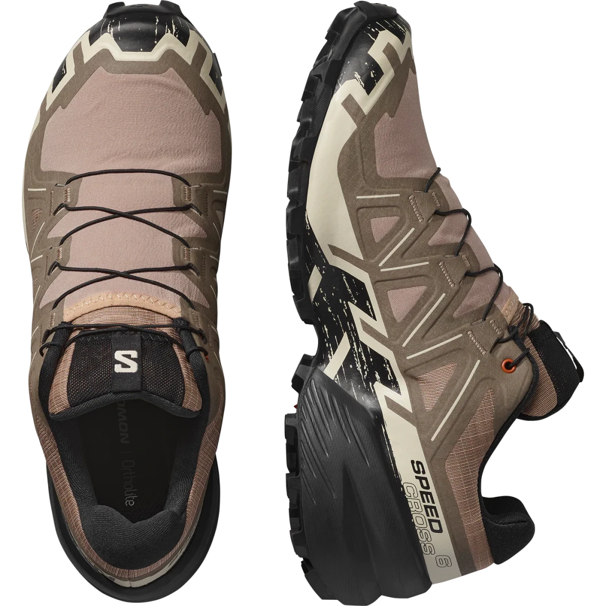 Men's Salomon Speedcross 6 sneakers in natural, black, and almond milk colors, featuring trail running design and rugged outsole.