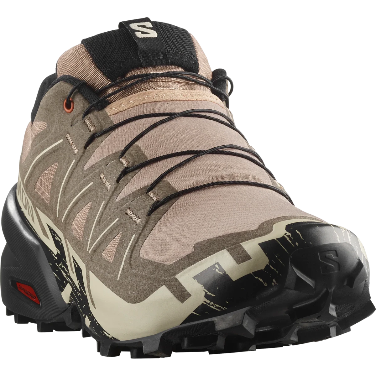 Men's Salomon Speedcross 6 sneakers in natural, black, and almond milk colors, featuring trail running design and rugged outsole.