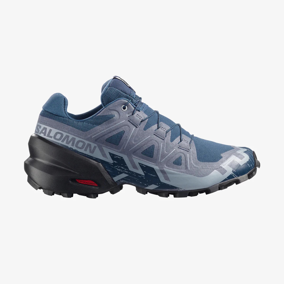Women's Salomon Speedcross 6 sneakers in Spellbound, black, and Tradewinds with rugged trail running design and bold style.