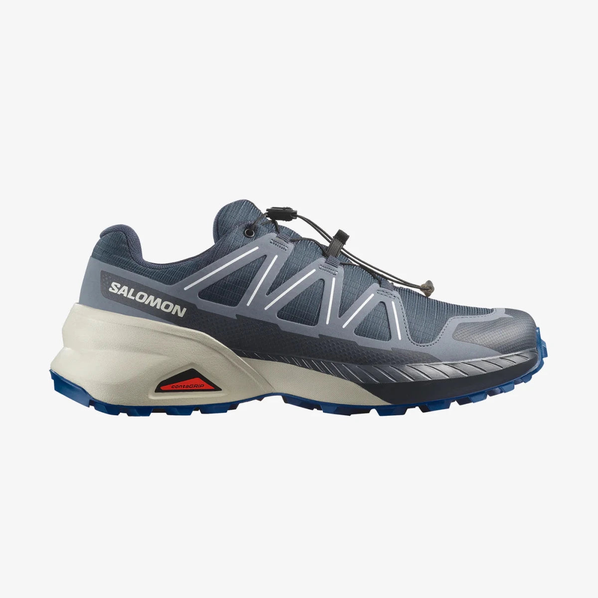Men's Salomon Speedcross Peak sneakers in blue and gray with nautical blue accents, designed for trail running and outdoor adventures.