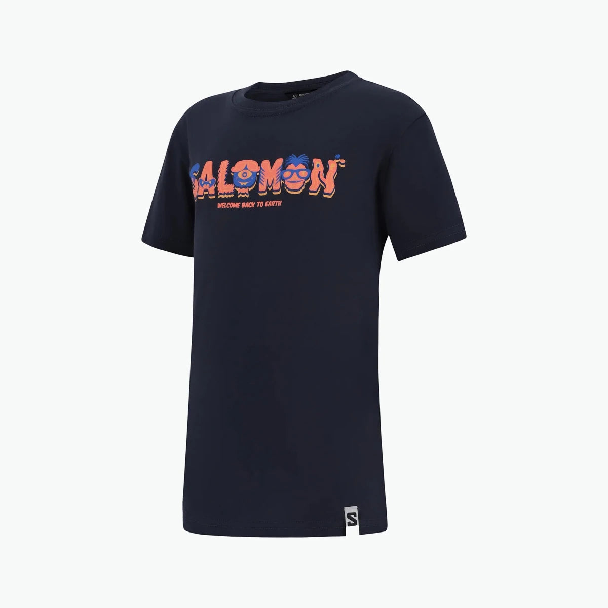 Kids Salomon Sun Fun Tee in Blue Nights, lightweight cotton t-shirt with short sleeves and colorful sun design for active outdoor wear.