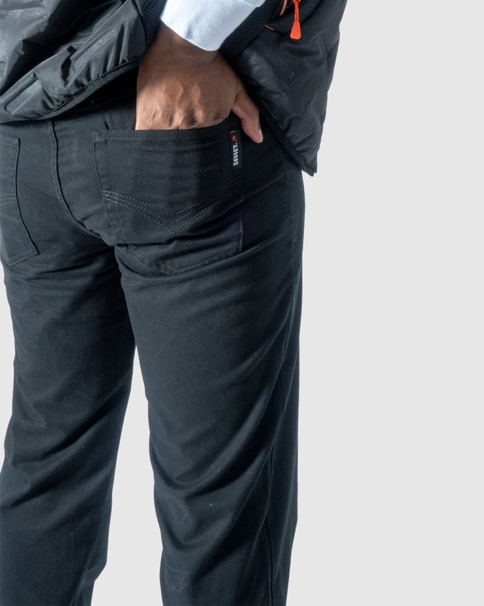 Soviet Voyager 2 No5 black men's jeans with classic fit and durable denim, front and back view showcasing pockets and stitching.