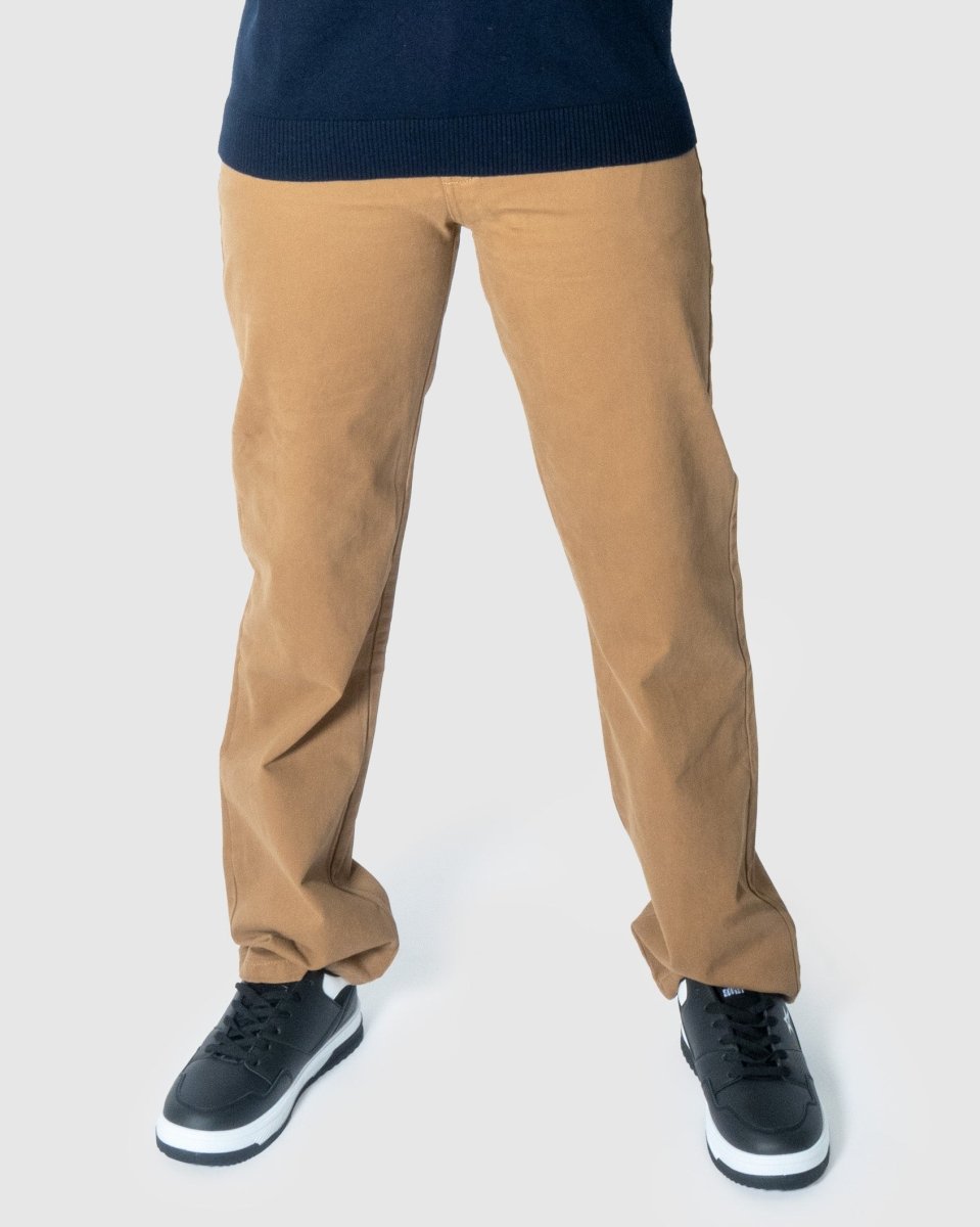 Soviet Voyager 2 No5 Khaki men's jeans with classic fit and khaki fabric, featuring five-pocket design and sturdy metal buttons.