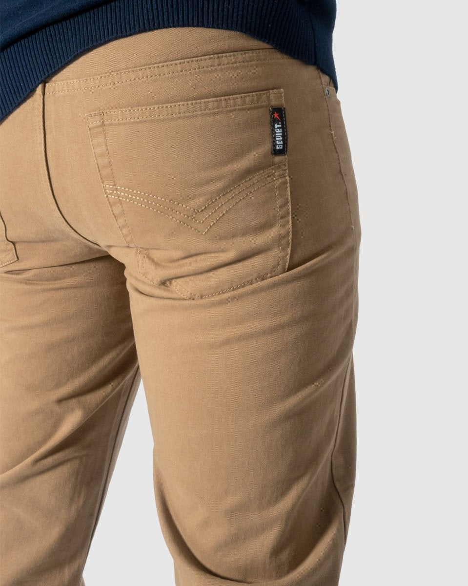 Soviet Voyager 2 No5 Khaki men's jeans with a classic fit, featuring khaki fabric and detailed stitching.