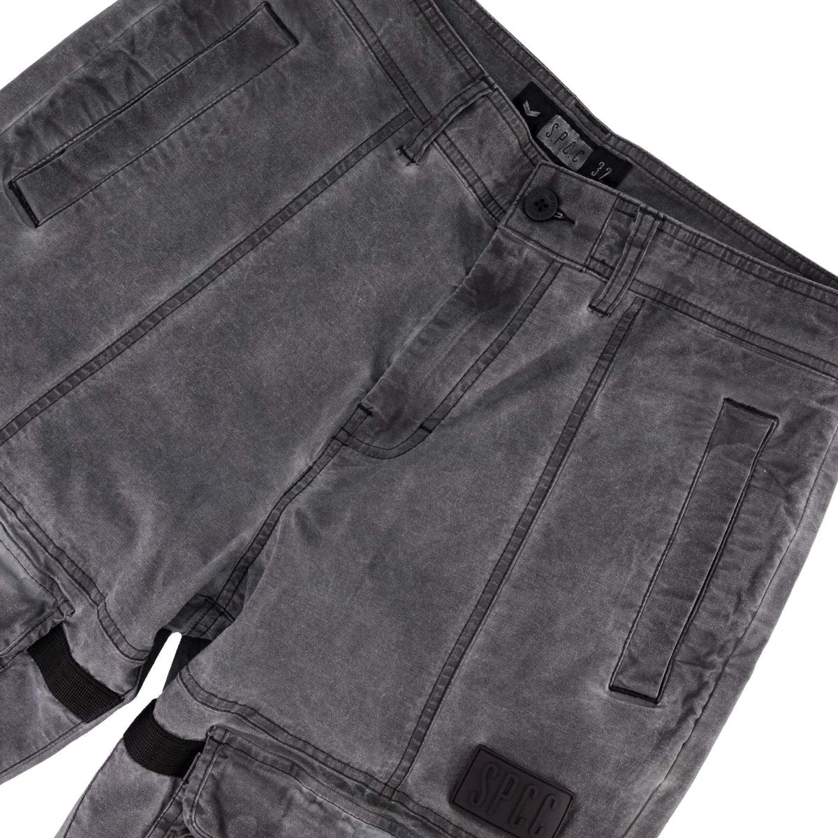 Black SPCC Alden Cargo men's jeans with multiple pockets and relaxed fit, displayed on a plain background.