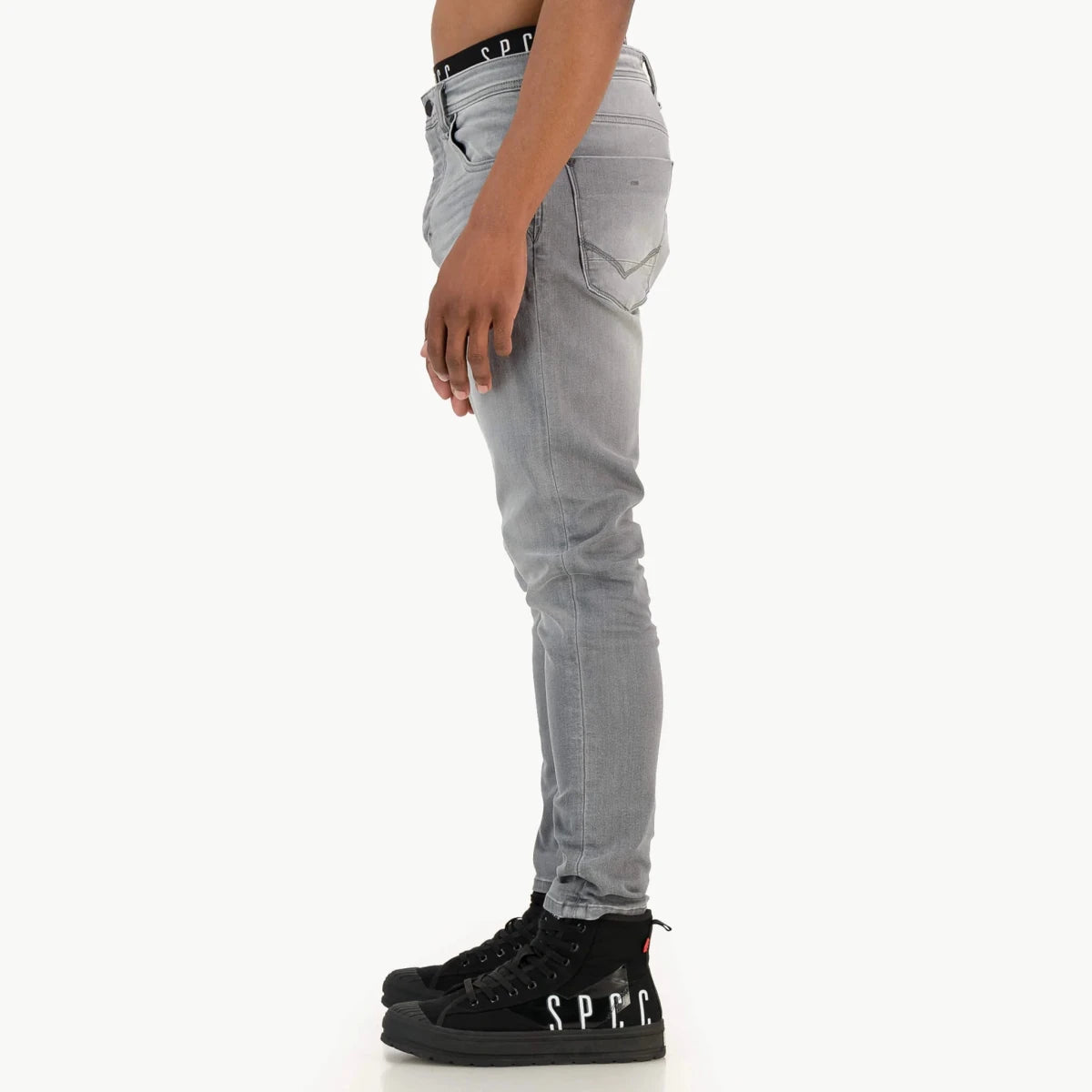 Men's SPCC Asphalt Jeans in washed grey denim, featuring classic five-pocket design and slim fit cut.