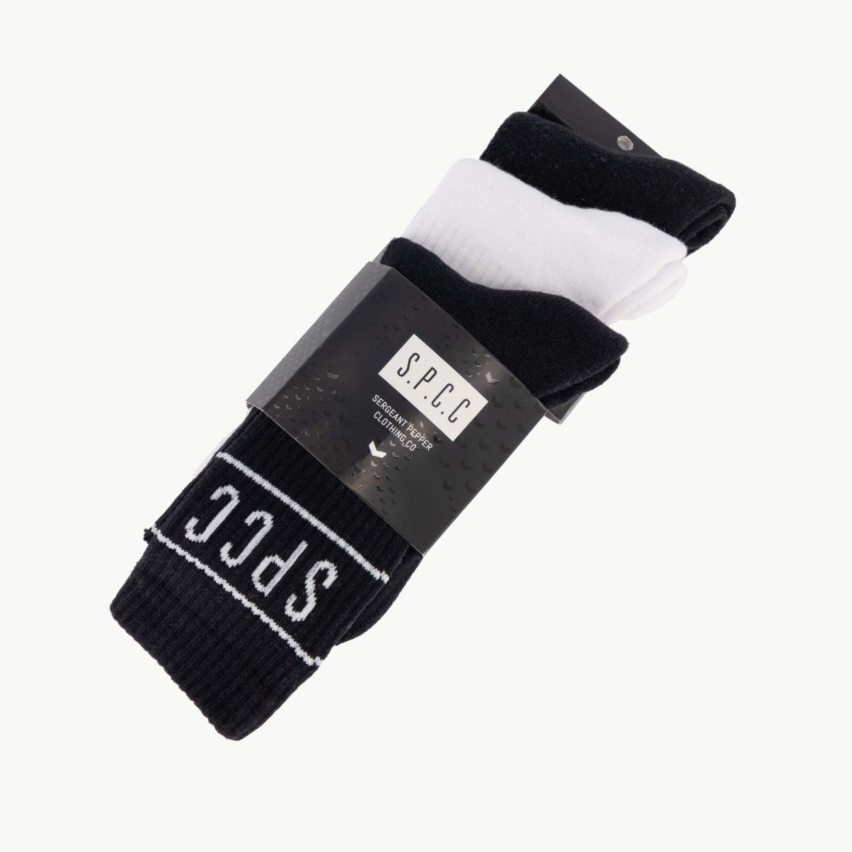 Set of three SPCC Declen men's socks in black and white, featuring comfortable knit fabric and classic design.