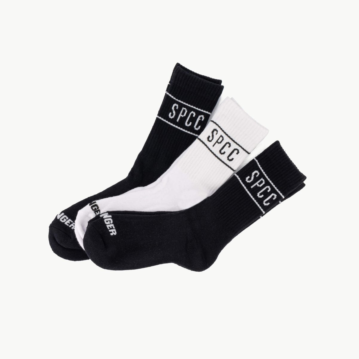 Set of three SPCC Declen men's socks in black and white, featuring comfortable knit fabric and stylish design.