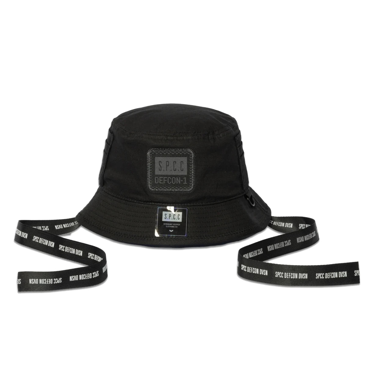 Black SPCC Defcon-1 bucket hat for men, showcasing a casual headwear style with a wide brim and branded logo detail.