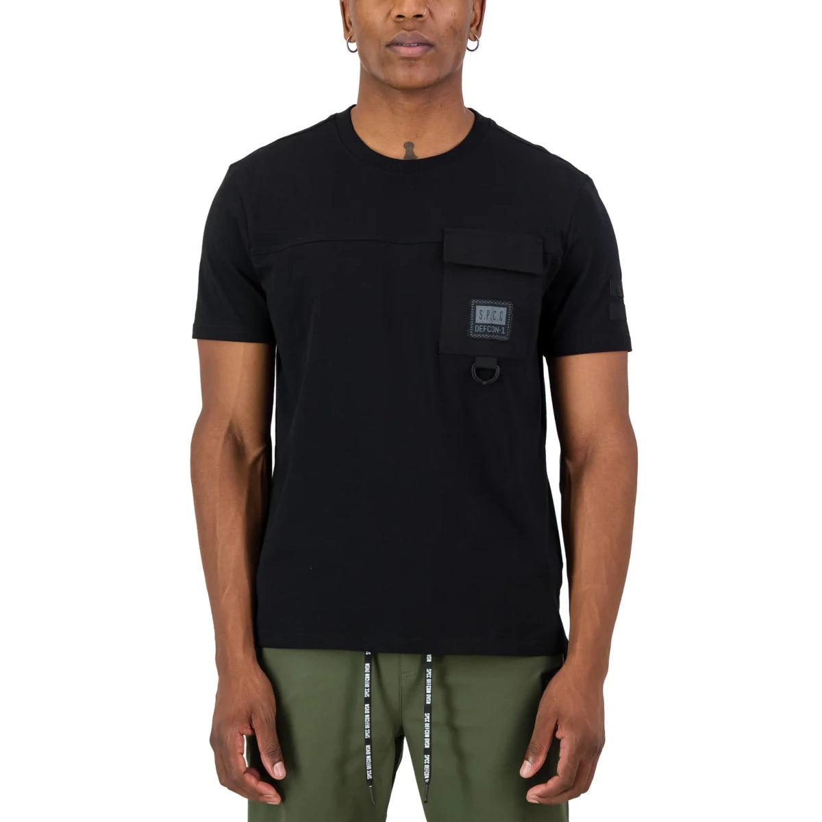 Black SPCC Defcon-2 men's T-shirt featuring a graphic design on the front, made from soft, comfortable fabric.