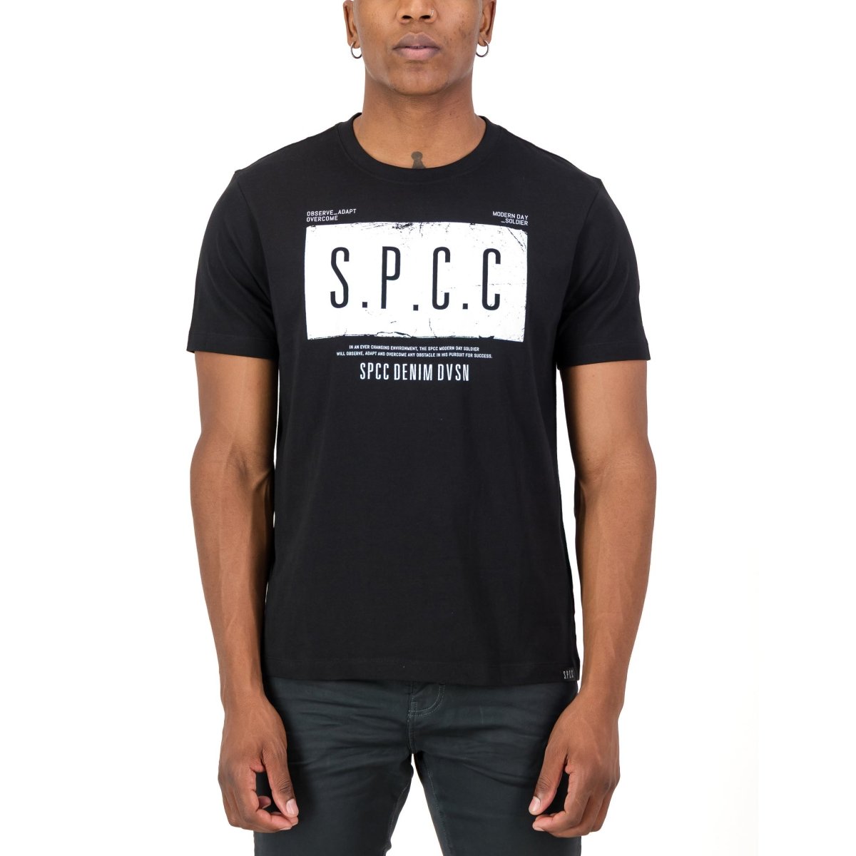 Black SPCC Elias T-shirt for men with a classic fit, featuring a simple crew neckline and soft cotton fabric.