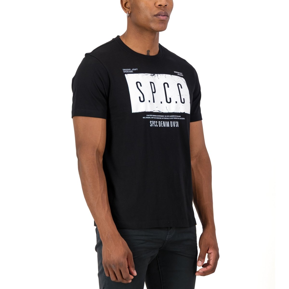 Black SPCC Elias T-shirt for men, featuring a classic crew neck and comfortable fit, displayed on a plain background.