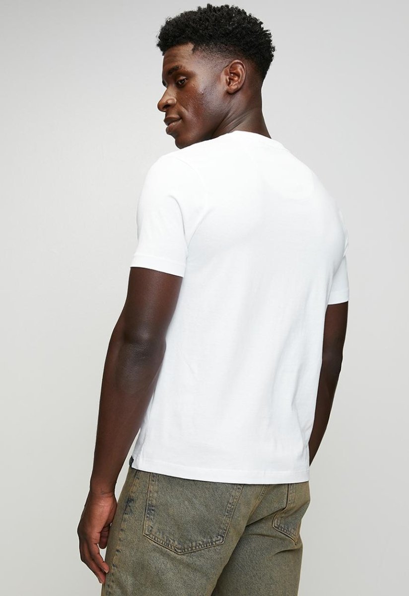 White SPCC Elias T-shirt for men, showing a casual fit with a crew neckline and smooth cotton fabric.