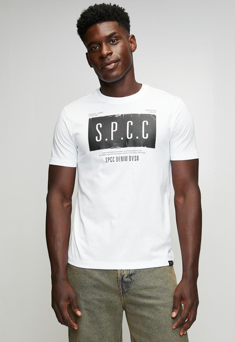 White SPCC Elias T-shirt for men, casual fit with short sleeves and round neckline, displayed on a plain background.