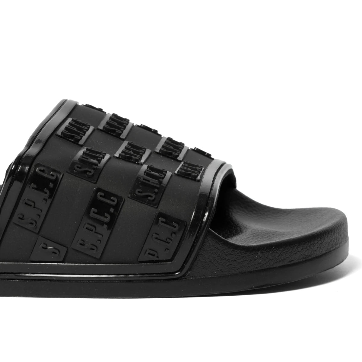 Black SPCC Maxim Slider men's sandals with wide straps and cushioned footbed, stylish and comfortable for casual wear.