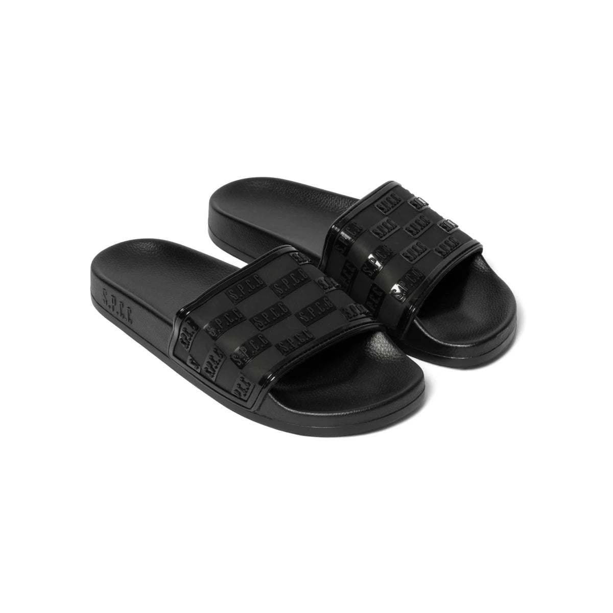 Black SPCC Maxim Slider men's sandals with wide straps and cushioned footbed, ideal for casual summer wear.