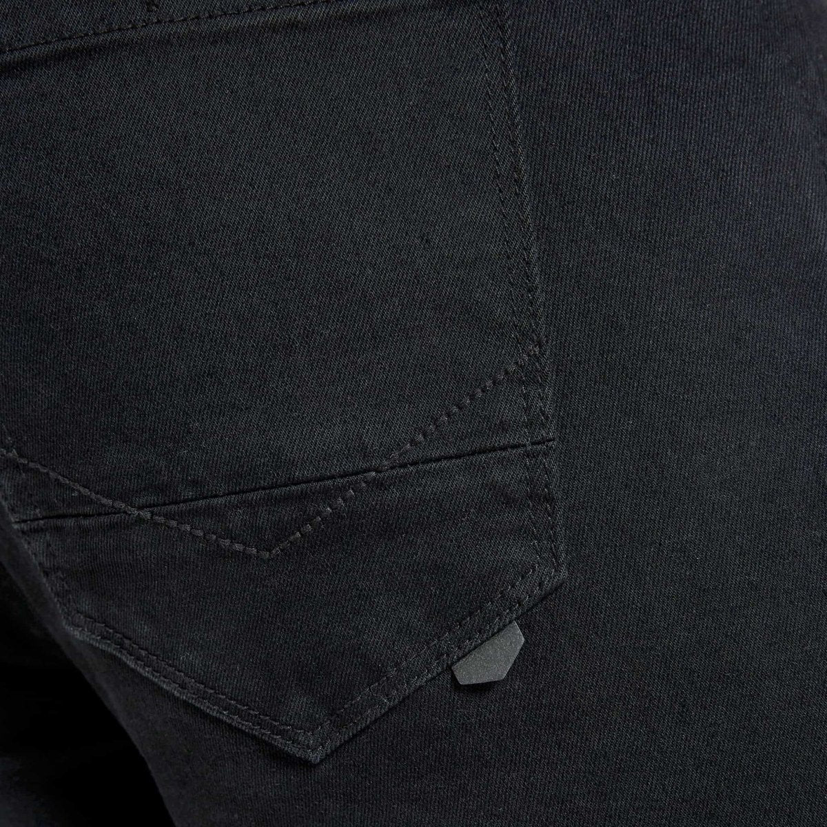 Black SPCC Onyx men's jeans with classic fit and subtle stitching, displayed on a hanger.