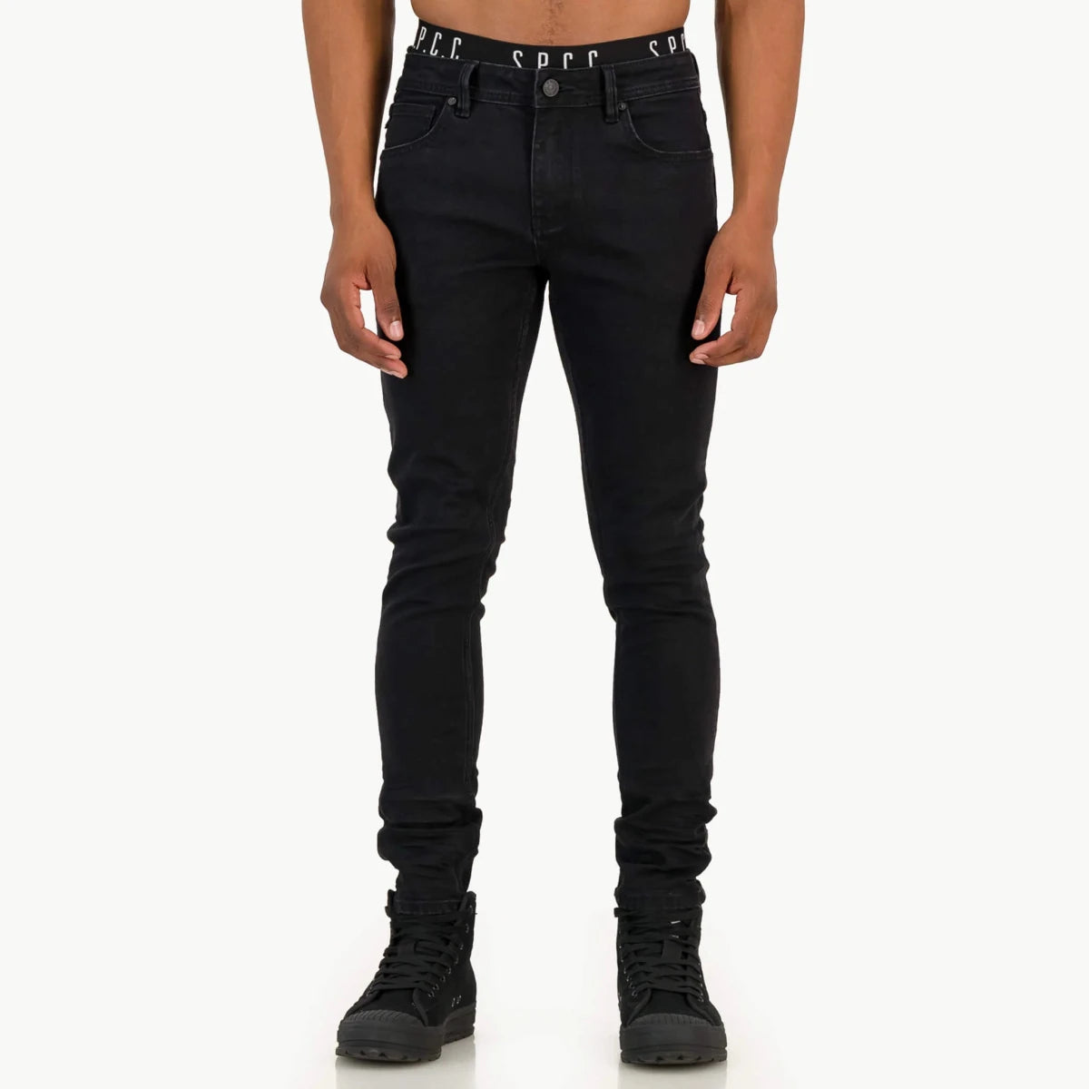 Men's black Spcc Onyx Jean showing slim fit cut and classic five-pocket design, made with durable denim fabric.