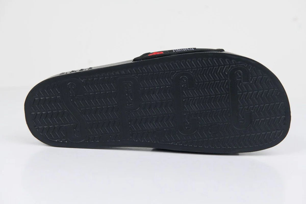 Men's SPCC Surge Dusk Slider sandals in black with cushioned footbed and adjustable strap, ideal for casual wear.