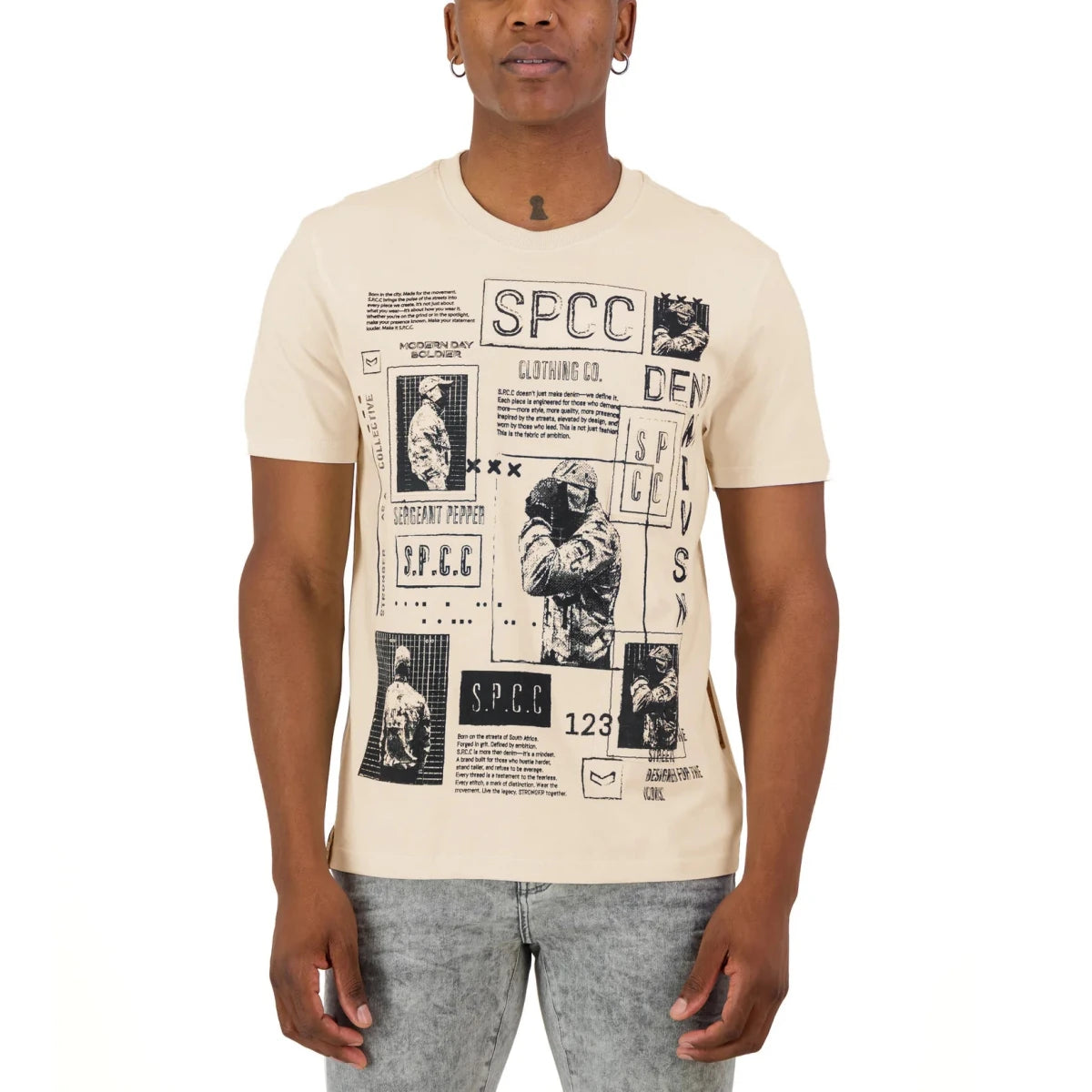 Men's SPCC Tobias Te Tee Off White T-shirt featuring a casual fit and graphic design, displayed on a plain background.