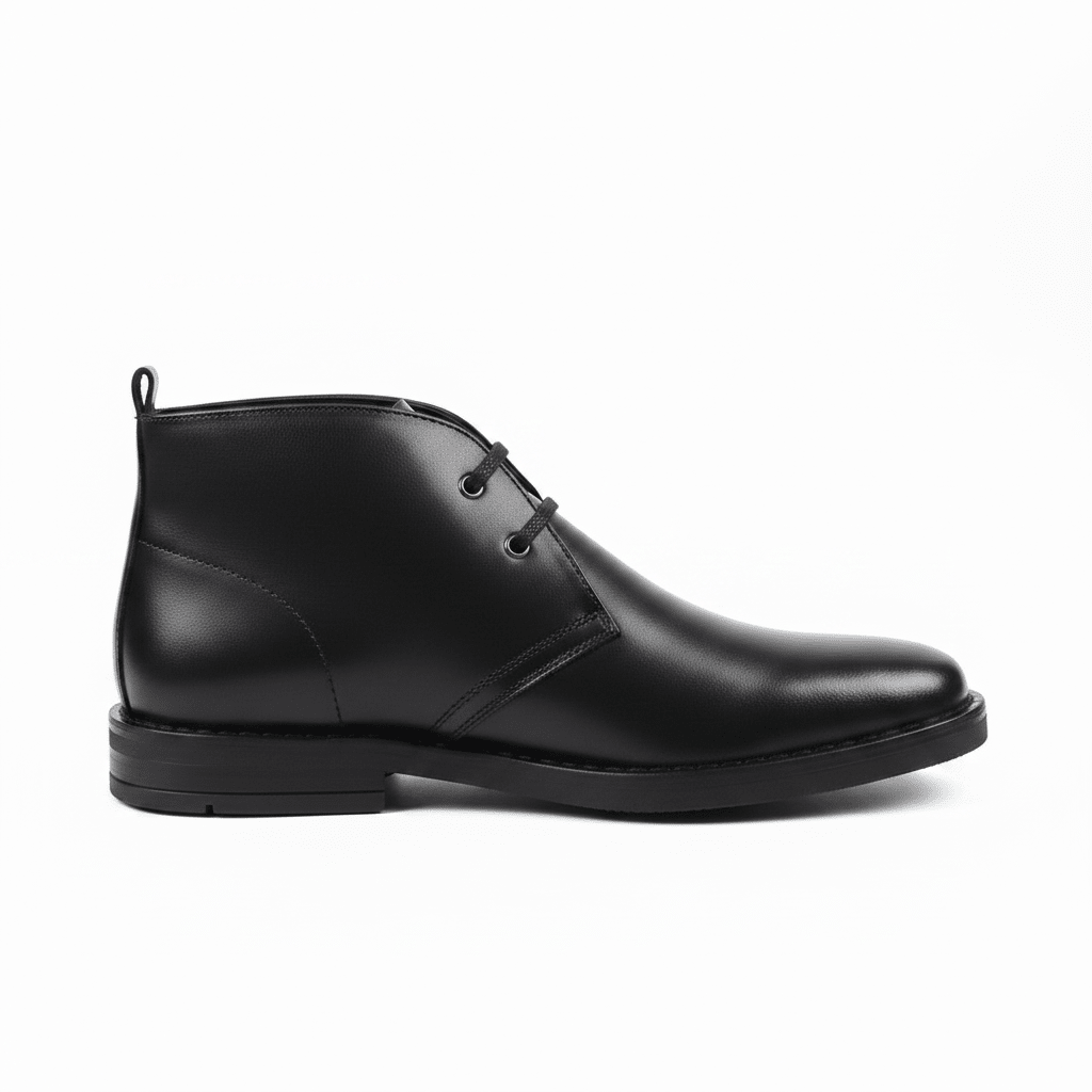 Black Tego Vellies leather men's boots with sleek design, featuring a sturdy sole and smooth finish.