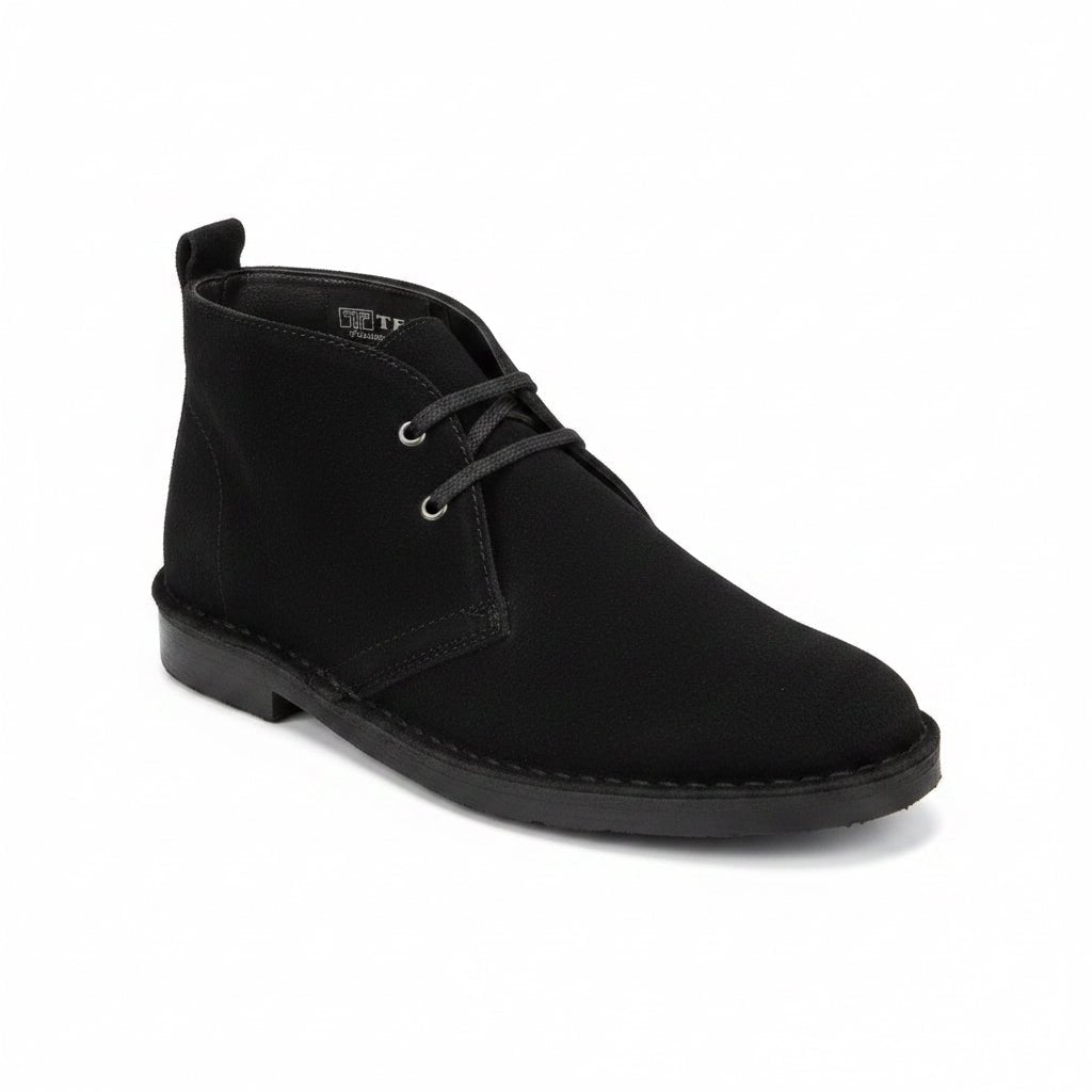 Black suede Tego Vellies men's boots with sleek design and sturdy sole, featuring a minimalist black mono finish.