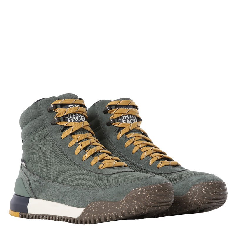 Men's The North Face Back-To-Berkeley textile sneakers in green with Laurel Wreath design, featuring durable fabric and casual style.