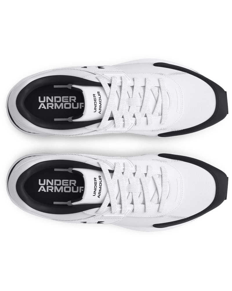 Under Armour Essential Runner men's sneakers in white and black with breathable mesh and cushioned sole for comfortable running.