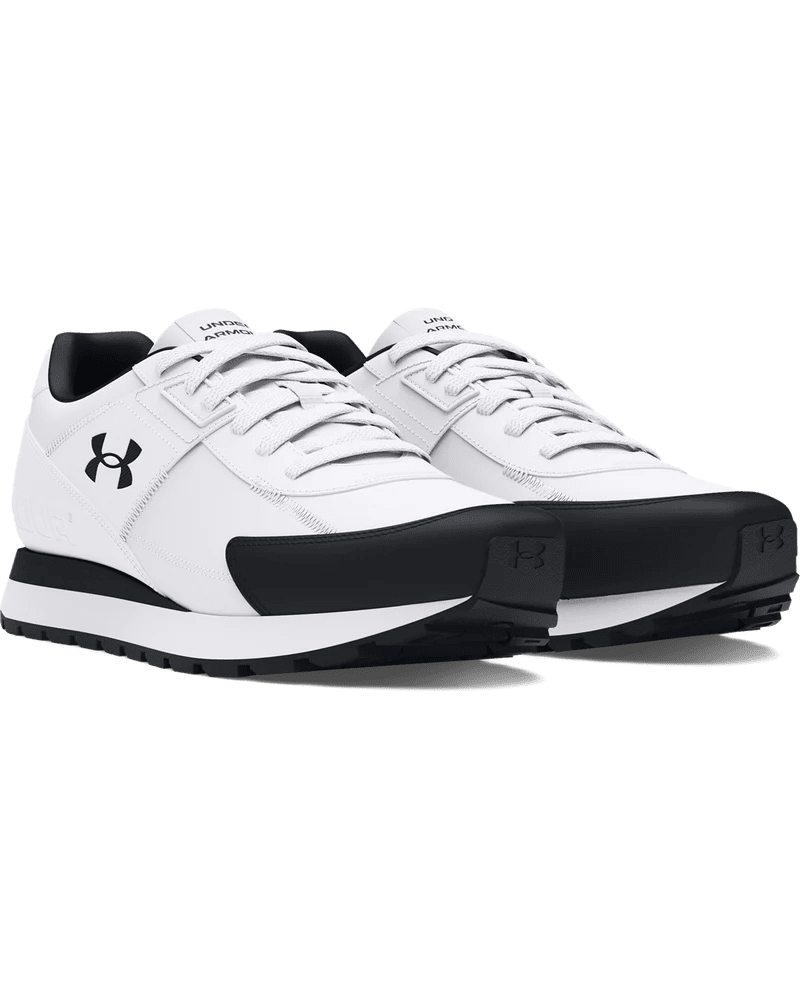 Men's Under Armour Essential Runner Sneakers in white and black, featuring lightweight athletic design and breathable mesh material.