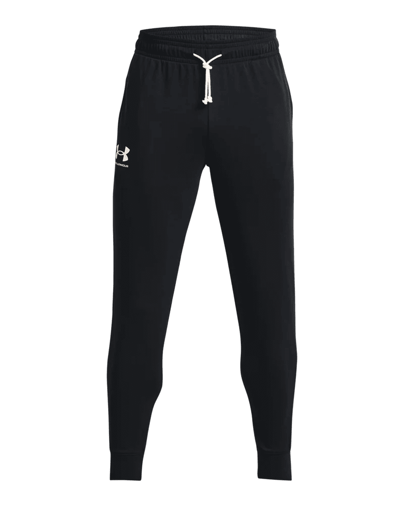 Men's Under Armour Rival Terry Joggers in black, showing a comfortable fit and casual style with elastic waistband and tapered legs.