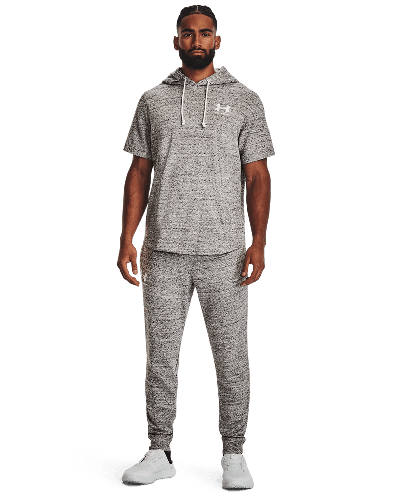 Men's grey Under Armour Rival Terry Joggers with elastic waistband and cuffed ankles, soft terry fabric for comfort.