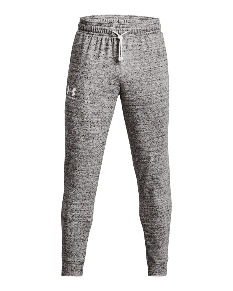 Grey Under Armour Rival Terry men's joggers with a relaxed fit, featuring soft terry fabric and athletic style.