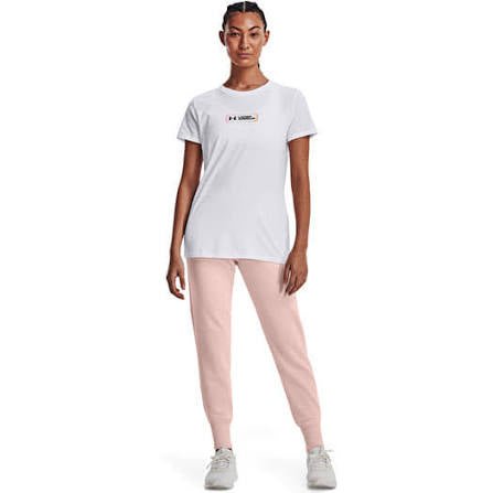 White Under Armour women's short sleeve T-shirt with a gradient pill design, made from lightweight, breathable fabric.