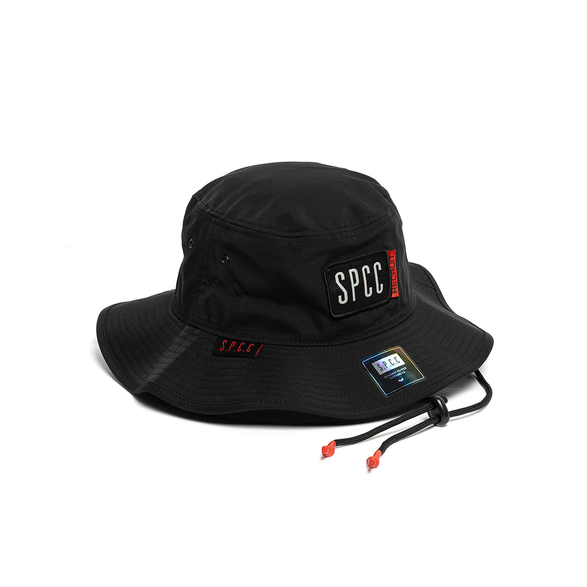 Black SPCC Recuit II bucket hat for men, stylish headwear with a wide brim and casual design, shown on a plain background.