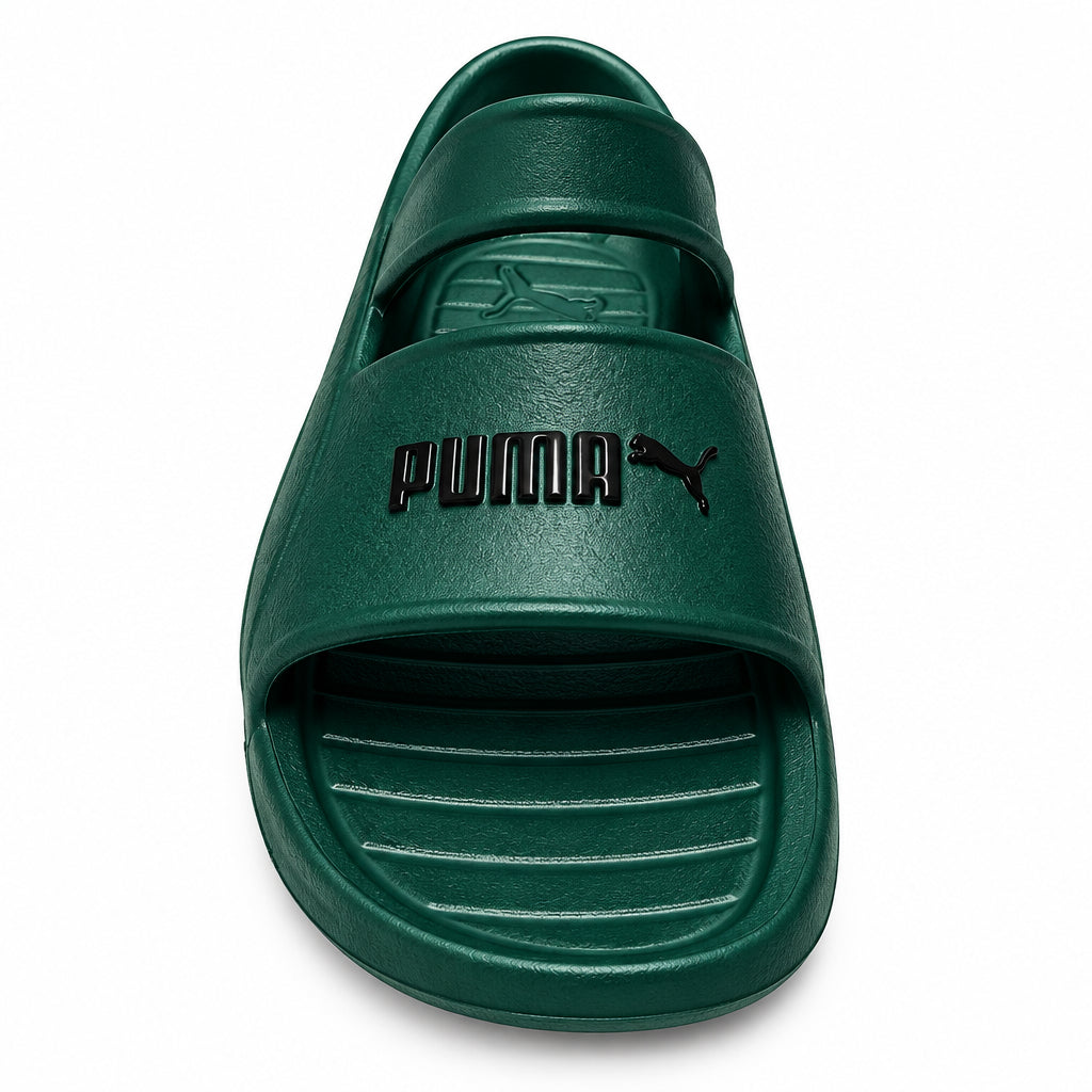 Puma Infants Divecat 2.0 Malachite kids sandals with green and black straps, closed toe design, and adjustable fastening.