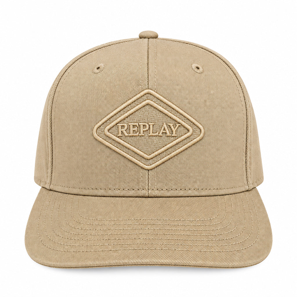 Replay AM4445 men's twill cap in beige with alfalfa green accents, casual headwear with adjustable strap and curved brim.