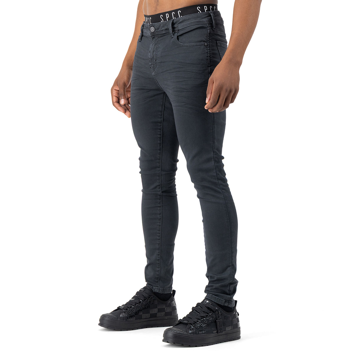 Men's SPCC Rodan Redrafted Jeans in charcoal color, displayed with front and back view showcasing slim fit and classic denim style.