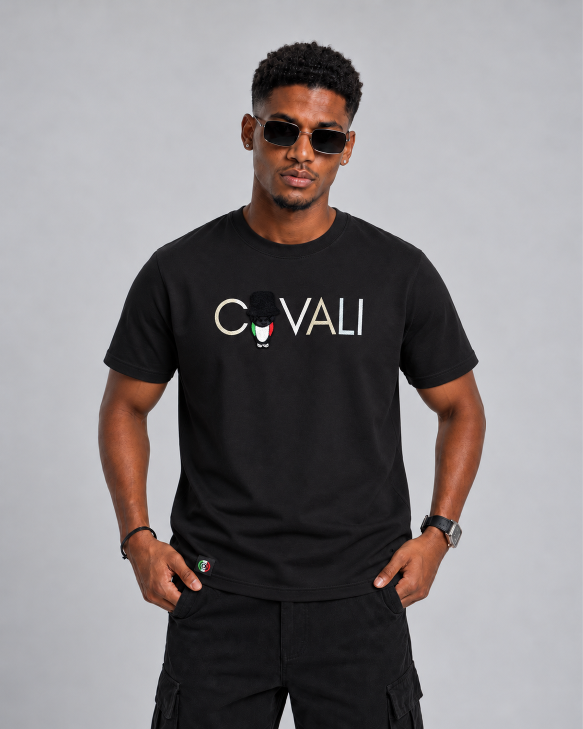Black Covali Tipo Milan men's T-shirt displayed flat, showcasing the simple crew neck design and soft fabric texture.