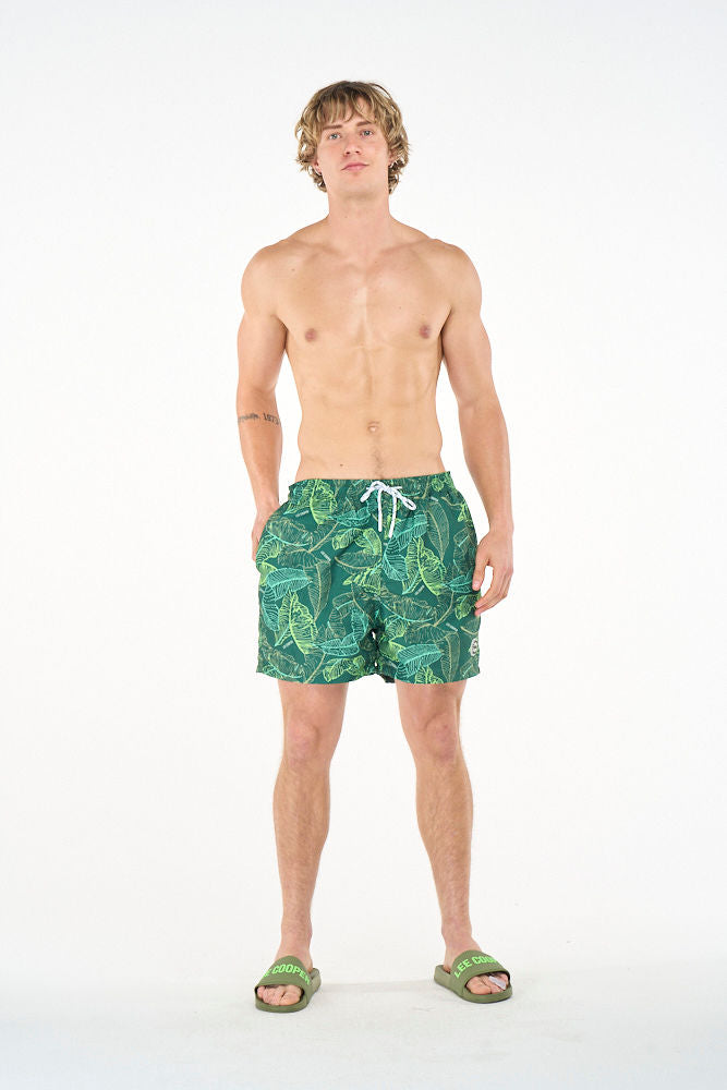 Men's Lee Cooper green swim shorts, Bermuda style, with an elastic waistband and stylish design, suitable for beach or pool.
