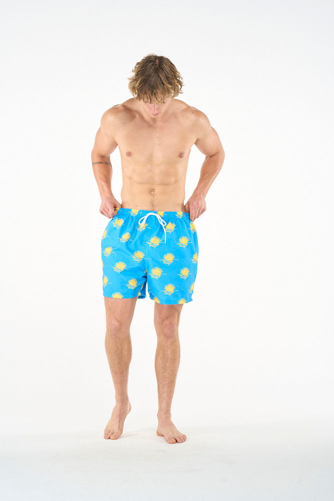 Lee Cooper men's swim shorts in blue and yellow with a relaxed fit, suitable for beach and poolside wear.