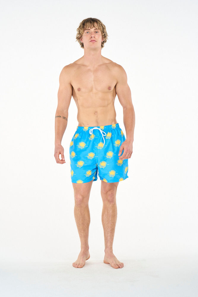 Blue and yellow Lee Cooper men's swim shorts, Bermuda style, with a relaxed fit and adjustable waistband.