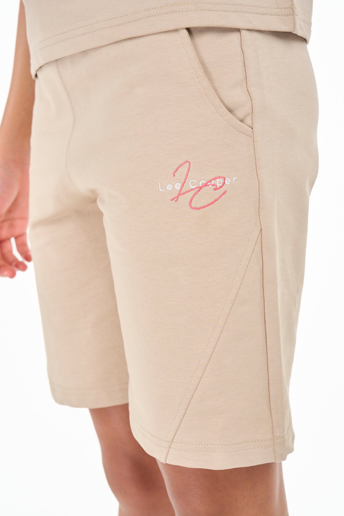 Beige Lee Cooper Sloan girls' shorts, kids' Bermuda-style shorts with a comfortable fit and casual design.