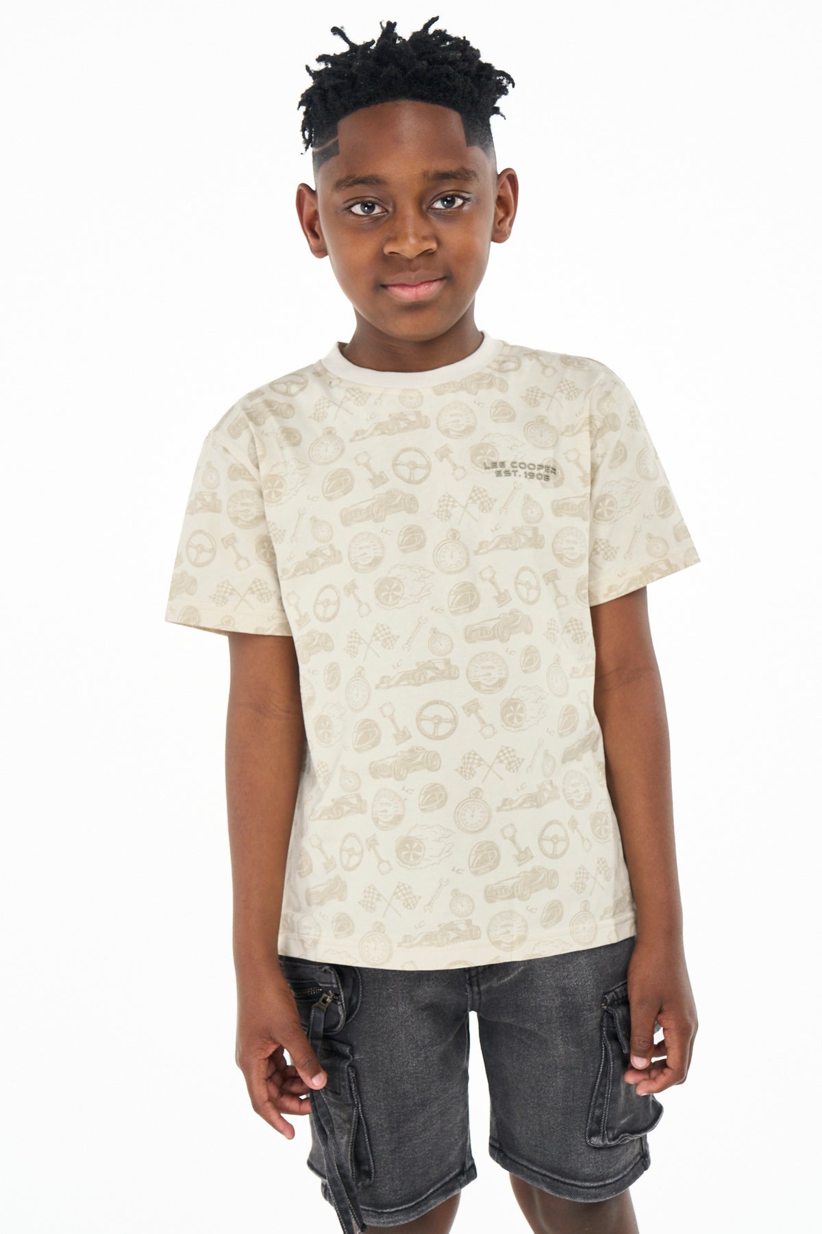 Beige Lee Cooper Zola boys' T-shirt featuring a casual fit and logo graphic, ideal for kids' everyday wear.