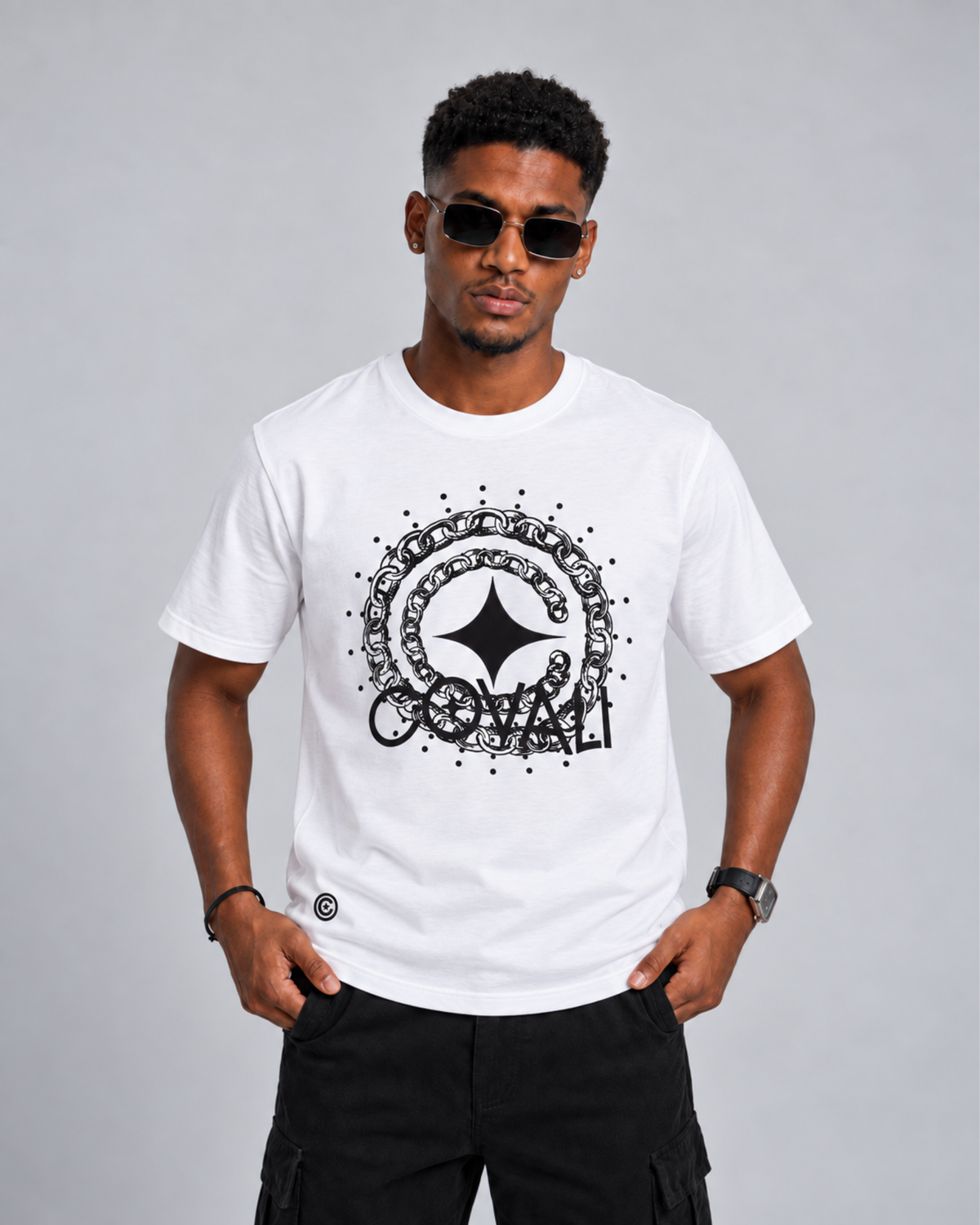 White Covali Stella men's T-shirt with a classic fit and round neckline, displayed on a plain background.