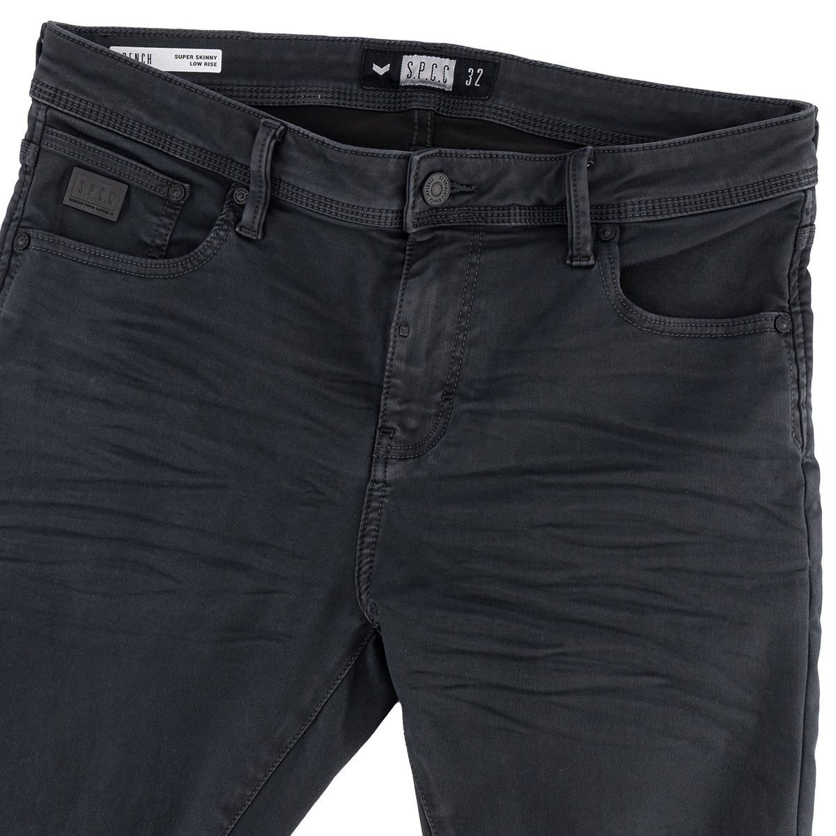 Mens SPCC Rodan Redrafted Jeans in charcoal, showcasing slim fit design, front pockets, belt loops, and classic denim texture.