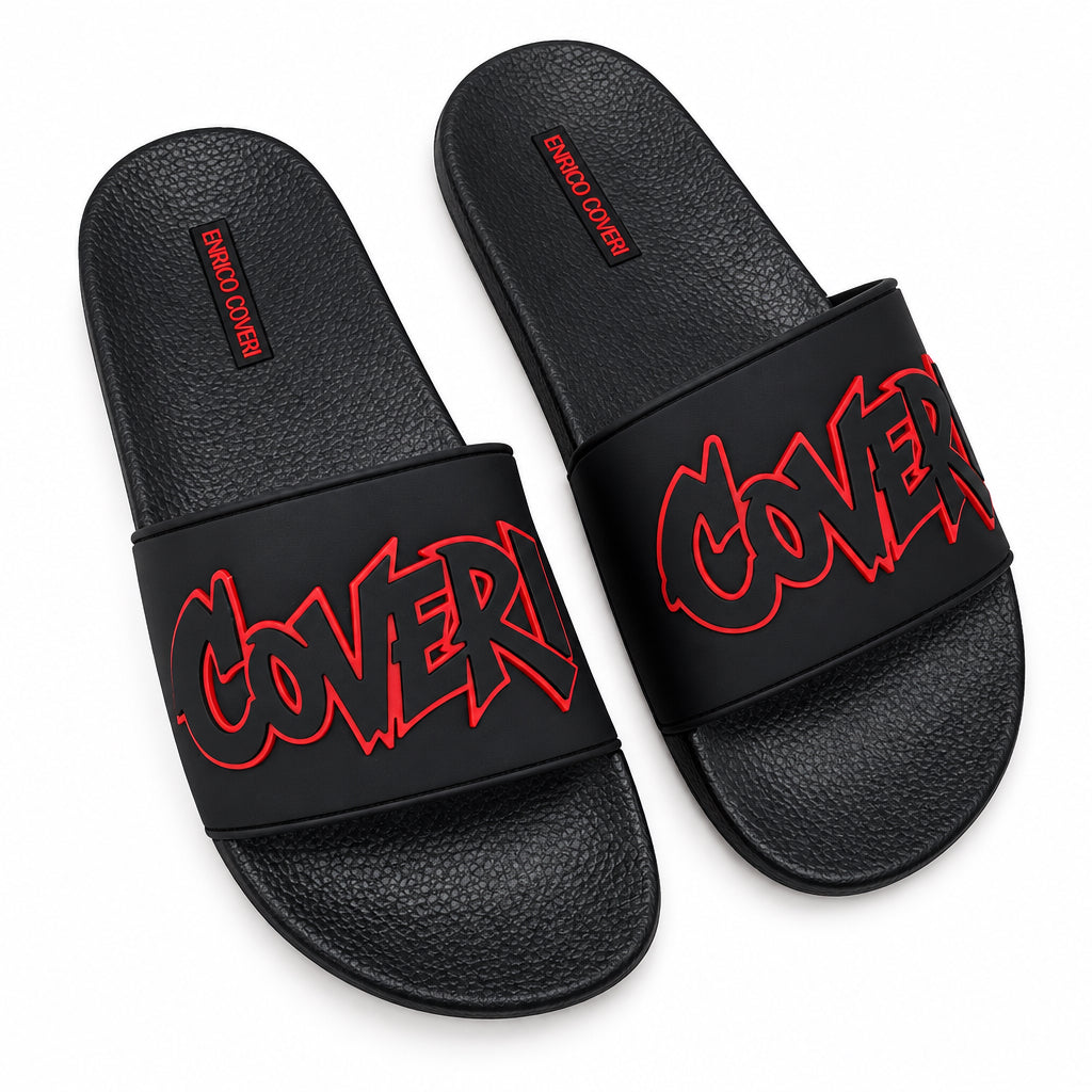 Enrico Coveri men's slide sandals in black and red with open toe design and adjustable strap for comfortable summer wear.