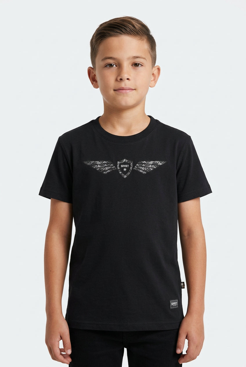 Black Soviet William kids T-shirt with graphic print, made for children, featuring a comfortable fit and casual style.